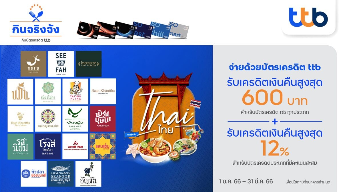 บัตรเครดิต ทีทีบี ร่วมกับ 18 ร้านอาหารไทยชื่อดัง มอบสิทธิพิเศษสุดคุ้ม เมื่อรับประทานอาหาร ณ ร้านที่ร่วมรายการ "Thai ไทย"