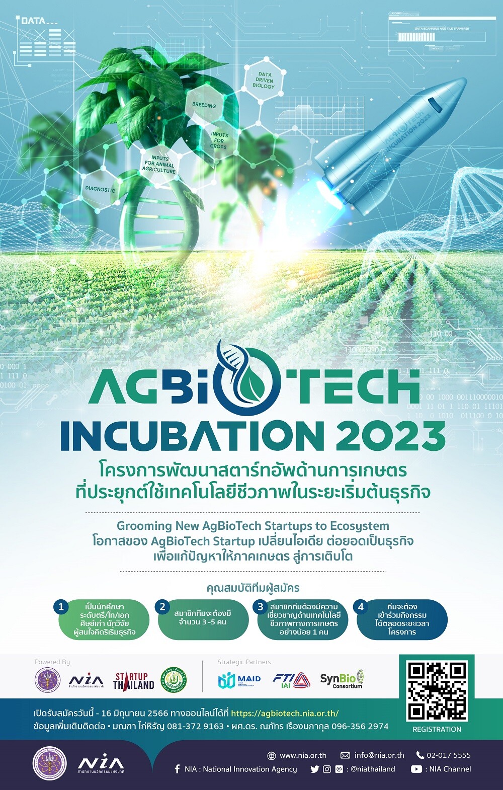 NIA ร่วมกับม. แม่โจ้เปิดรับสมัครทีมสตาร์ทอัพเข้าร่วมโครงการ AgBioTech Incubation 2023 เปลี่ยนไอเดียเพื่อต่อยอดเป็นธุรกิจ นำเทคโนโลยีชีวภาพแก้ปัญหาภาคเกษตรด้วยความแม่นยำสู่ความยั่งยืน