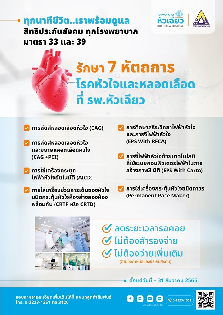 ศูนย์หัวใจและหลอดเลือด โรงพยาบาลหัวเฉียว.. เราพร้อมดูแล 7 หัตถการโรคหัวใจและหลอดเลือด ให้กับผู้มีสิทธิประกันสังคมทั่วประเทศ