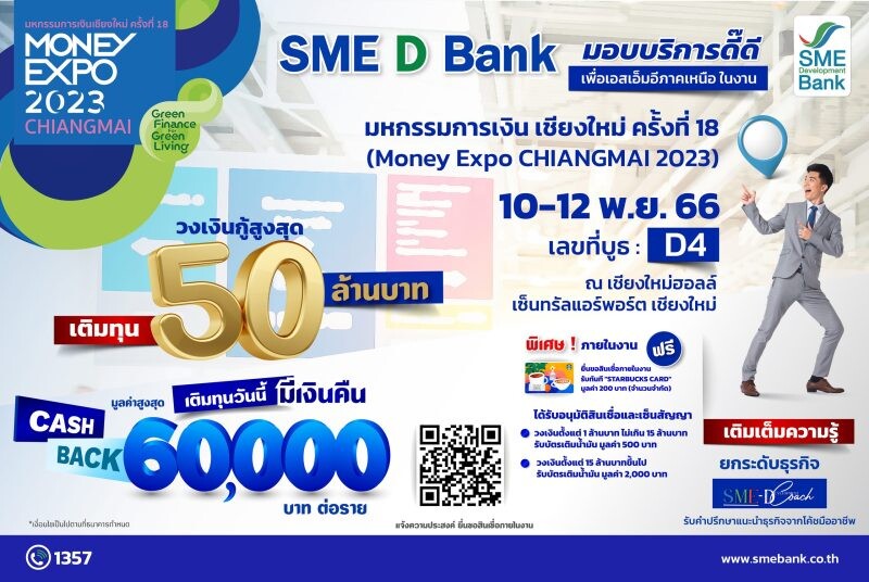 SME D Bank หนุนเอสเอ็มอีภาคเหนือในงาน "มหกรรมการเงิน เชียงใหม่" จัดโปรสินเชื่อดอกเบี้ยต่ำพิเศษ แถมรับฟรี บัตรเติมน้ำมัน 2,000 บาท