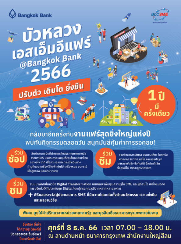 ห้ามพลาด!! งานมหกรรมสินค้า "บัวหลวงเอสเอ็มอีแฟร์ 2566" ร่วมช้อปสินค้าคุณภาพดีราคาพิเศษ กว่า 200 รายการ จาก 85 เอสเอ็มอีชั้นนำของไทย