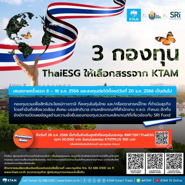 KTAM เปิดโพยกองทุน "Thai ESG" เสนอขายครั้งแรก 8-18 ธ.ค.นี้ ส่งเสริมการลงทุนเพื่อสิทธิประโยชน์ทางภาษี พร้อมมุ่งมั่นใส่ใจเพื่อผลตอบแทนที่ยั่งยืน