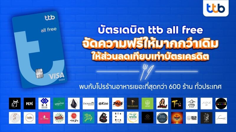 ทีทีบี ชวนลูกค้าใช้บัตรเดบิต ttb all free มอบสิทธิประโยชน์ เสิร์ฟส่วนลดเทียบเท่าบัตรเครดิต กับโปรร้านอาหารเยอะที่สุดทั่วไทย