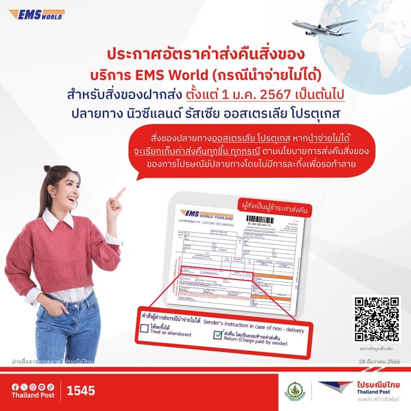 ไปรษณีย์ไทย ประกาศเก็บค่าส่งคืนสิ่งของในบริการ EMS World 4 ปลายทาง "นิวซีแลนด์ รัสเซีย ออสเตรเลีย โปรตุเกส" เริ่ม 1 ม.ค. 67