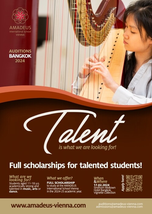 ข่าวดี!!! สำหรับเด็กไทยที่มีความสามารถด้านวิชาการ ดนตรี ศิลปะ การเต้น ร่วมออดิชั่นลุ้นสิทธิ์ทุนเรียนฟรี 1 ปี มูลค่ากว่า 1.9 ล้านบาท ที่ AMADEUS International School Vienna ประเทศออสเตรีย