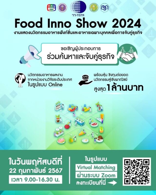 วว./พันธมิตร ชวนฟังการแสดงนวัตกรรมอาหาร @ Food Inno Show 2024 ชิงทุนต่อยอดเชิงพาณิชย์ วงเงิน 1 ล้านบาท