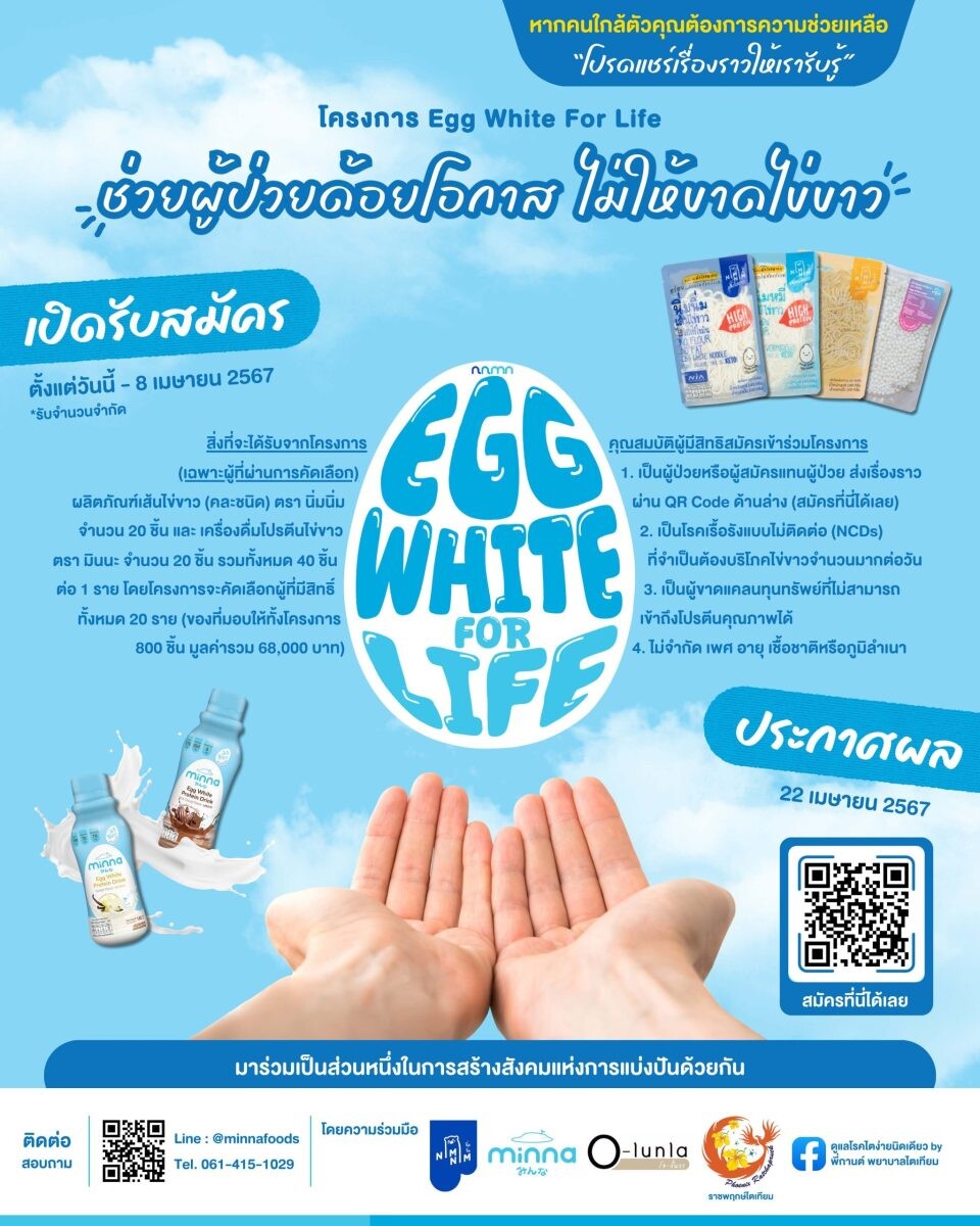 โครงการ "Egg White for Life ช่วยผู้ด้อยโอกาส ไม่ให้ขาดไข่ขาว" จุดประกายสร้างสังคมแห่งการแบ่งปัน เพื่อช่วยผู้ป่วยฟื้นฟูร่างกายระหว่างรับการรักษา