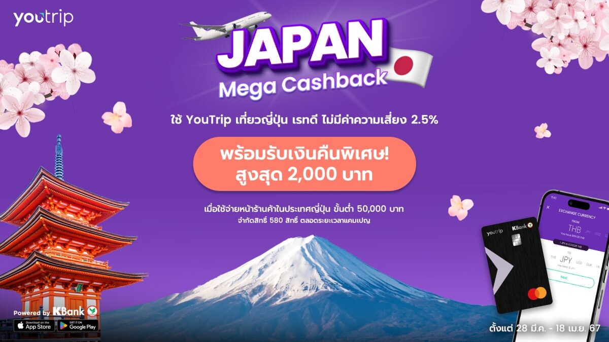 YouTrip สาดความคุ้มต้อนรับสงกรานต์กับ 2 โปรพิเศษ 4.4 Travel Sale และ Japan Mega Cashback รับส่วนลดสุดคุ้มจากแบรนด์ท่องเที่ยวดัง และเงินคืนสูงสุด 2,000 บาท